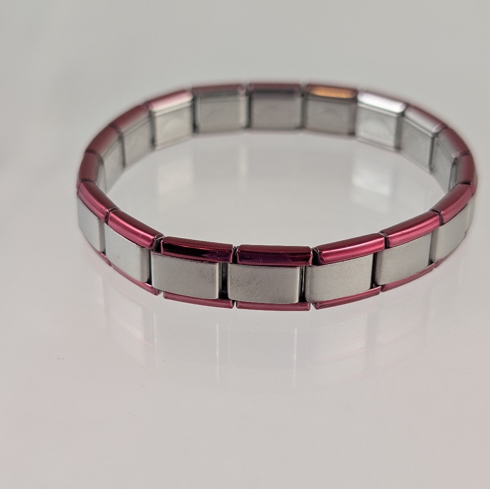 STAINLESS STEEL ITALIAN CHARM BRACELET/9MM/ BRUSHED SILVER/ RED TRIM/ BRAND NEW
